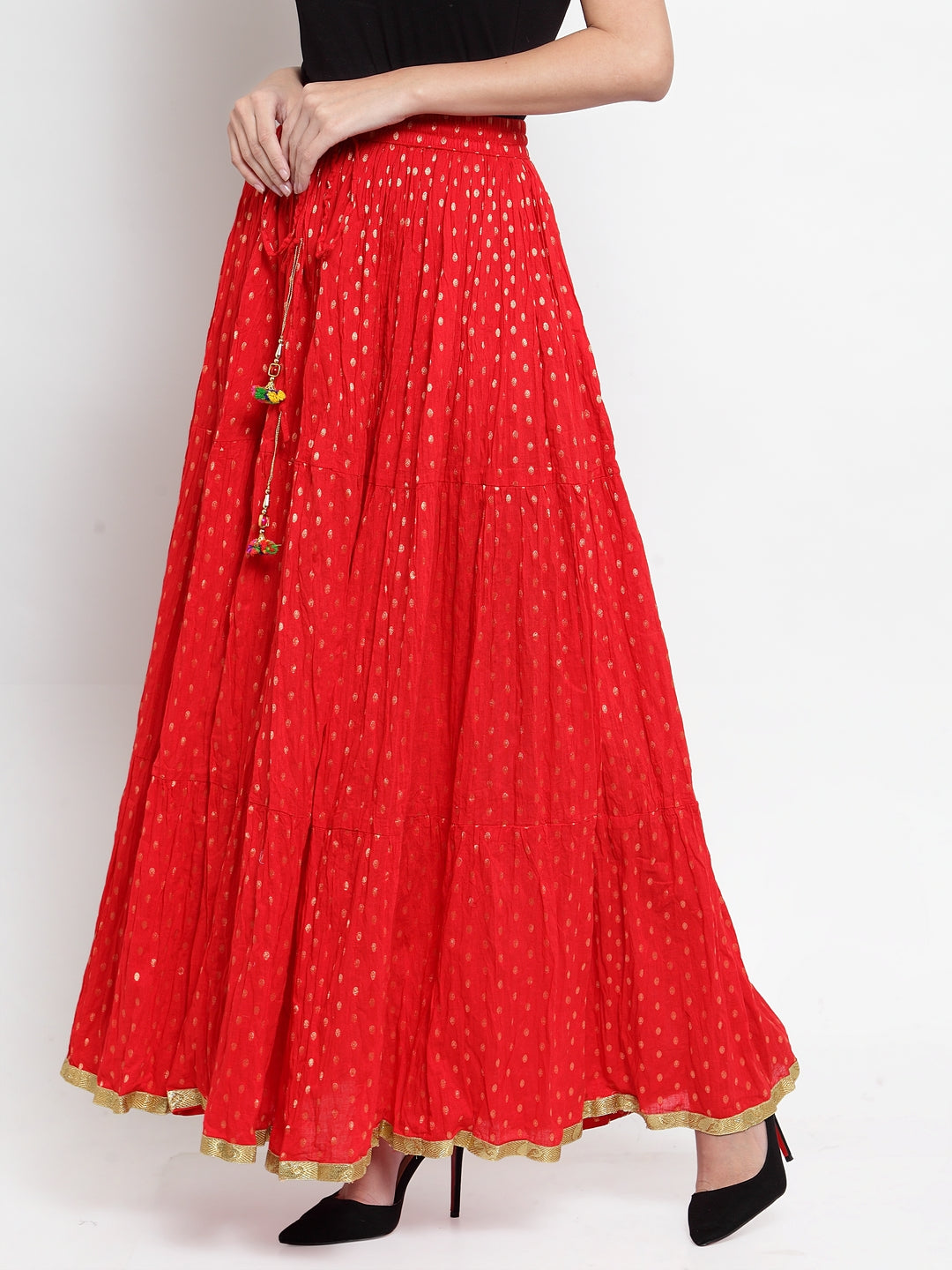 Buy Jaipur Kurti Red Embroidered Bandhani Gathered Kurta with Leheriya Skirt  & Dupatta (Set of 3) online
