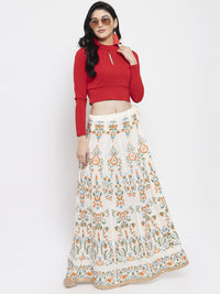Thumbnail for Wahe-NOOR Women's Cream Printed Flared Rayon Maxi Skirt - Distacart