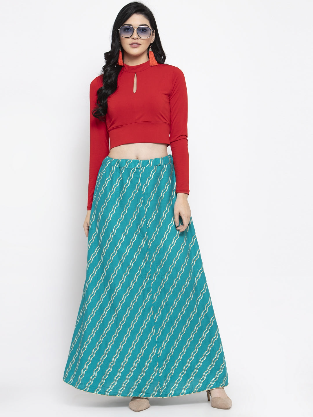 Wahe-NOOR Women's Turquoise Printed Flared Rayon Skirt - Distacart