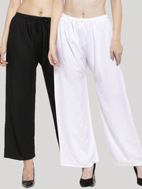 Thumbnail for Wahe-NOOR Women's Solid Black & White Rayon Palazzo (Set Of 2) - Distacart