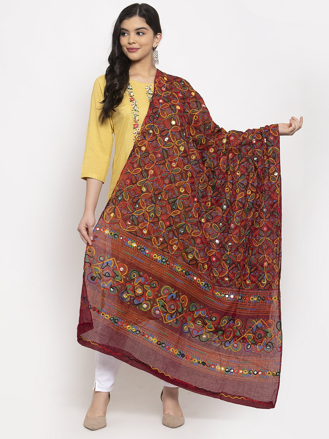 Wahe-NOOR Women's Maroon Embroidered Dupatta - Distacart