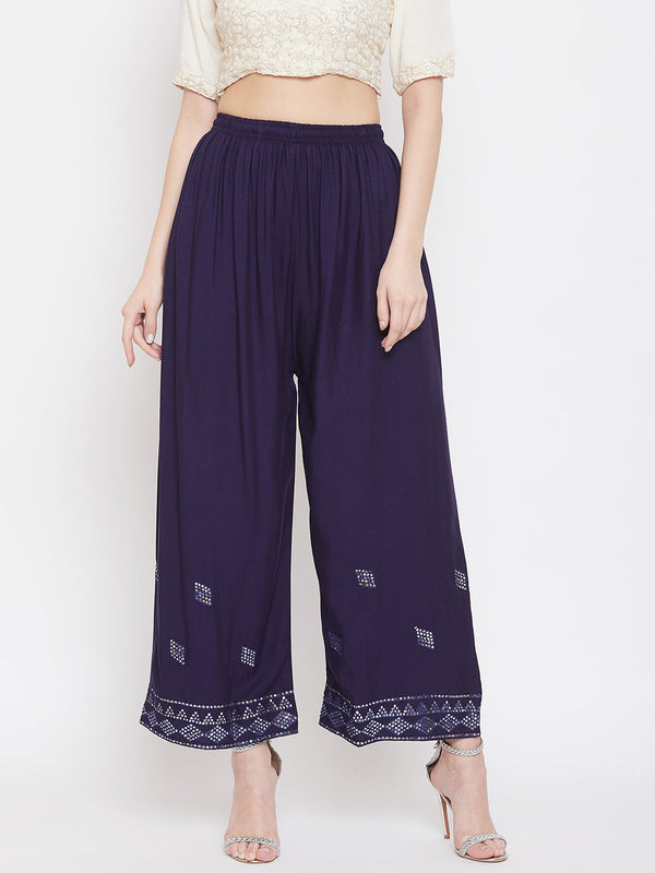 Wahe-NOOR Women's Navy Blue Embellished Rayon Palazzo - Distacart