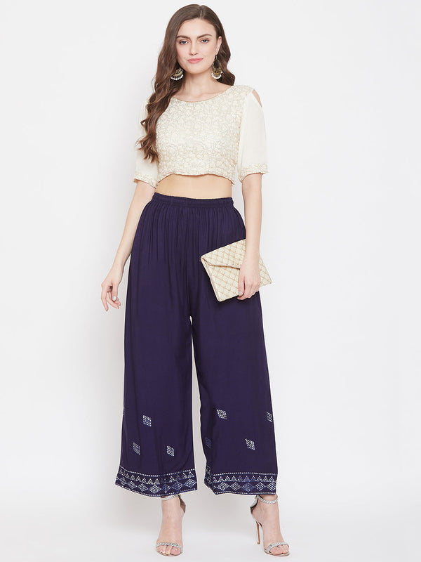 Wahe-NOOR Women's Navy Blue Embellished Rayon Palazzo - Distacart