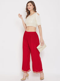 Thumbnail for Wahe-NOOR Women's Red Hem Design Straight Palazzo - Distacart