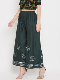 Thumbnail for Wahe-NOOR Women's Bottle Green Mirror Work Rayon Sharara - Distacart
