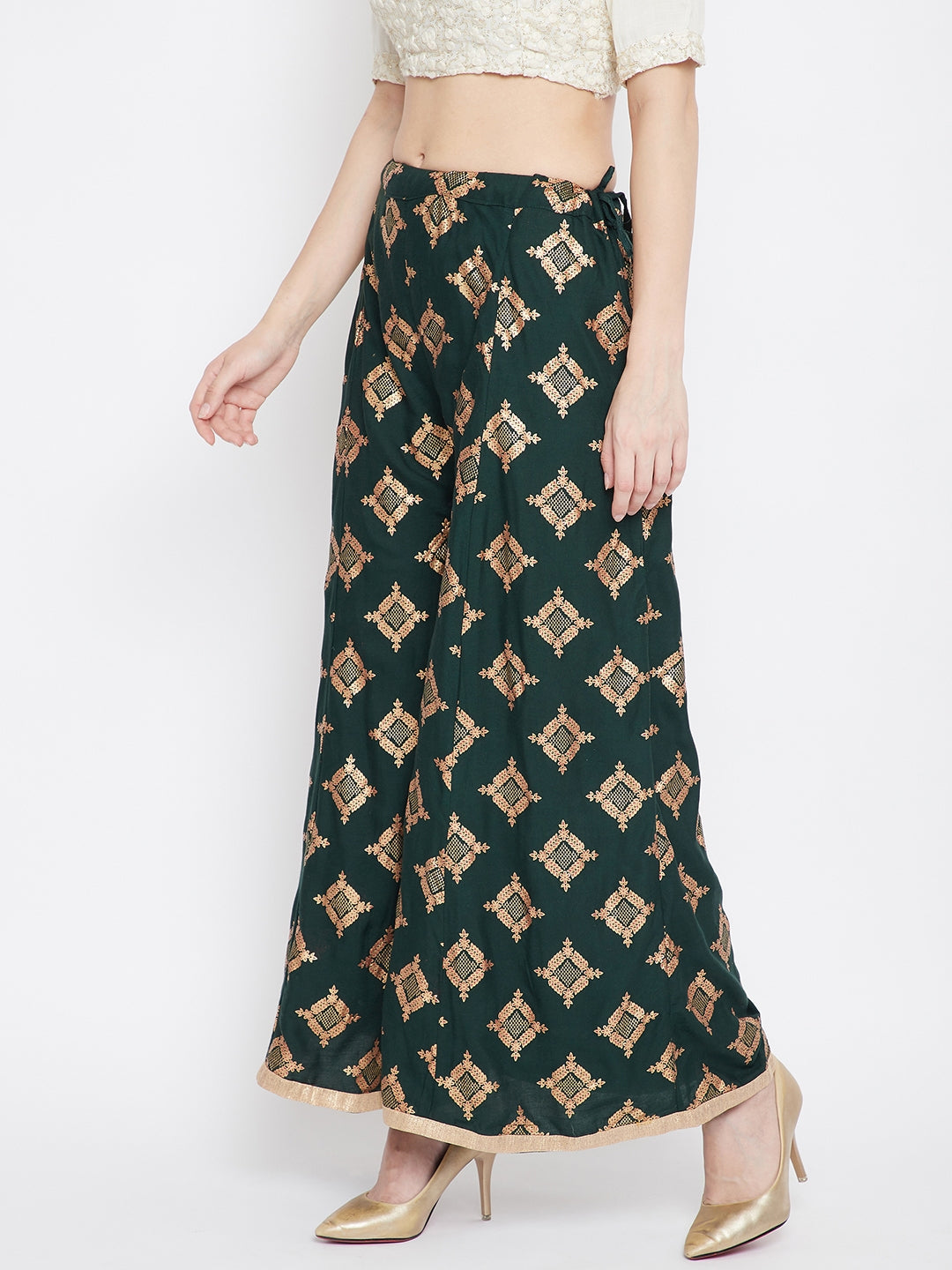 Wahe-NOOR Women's Bottle Green Wide Leg Printed Sharara - Distacart