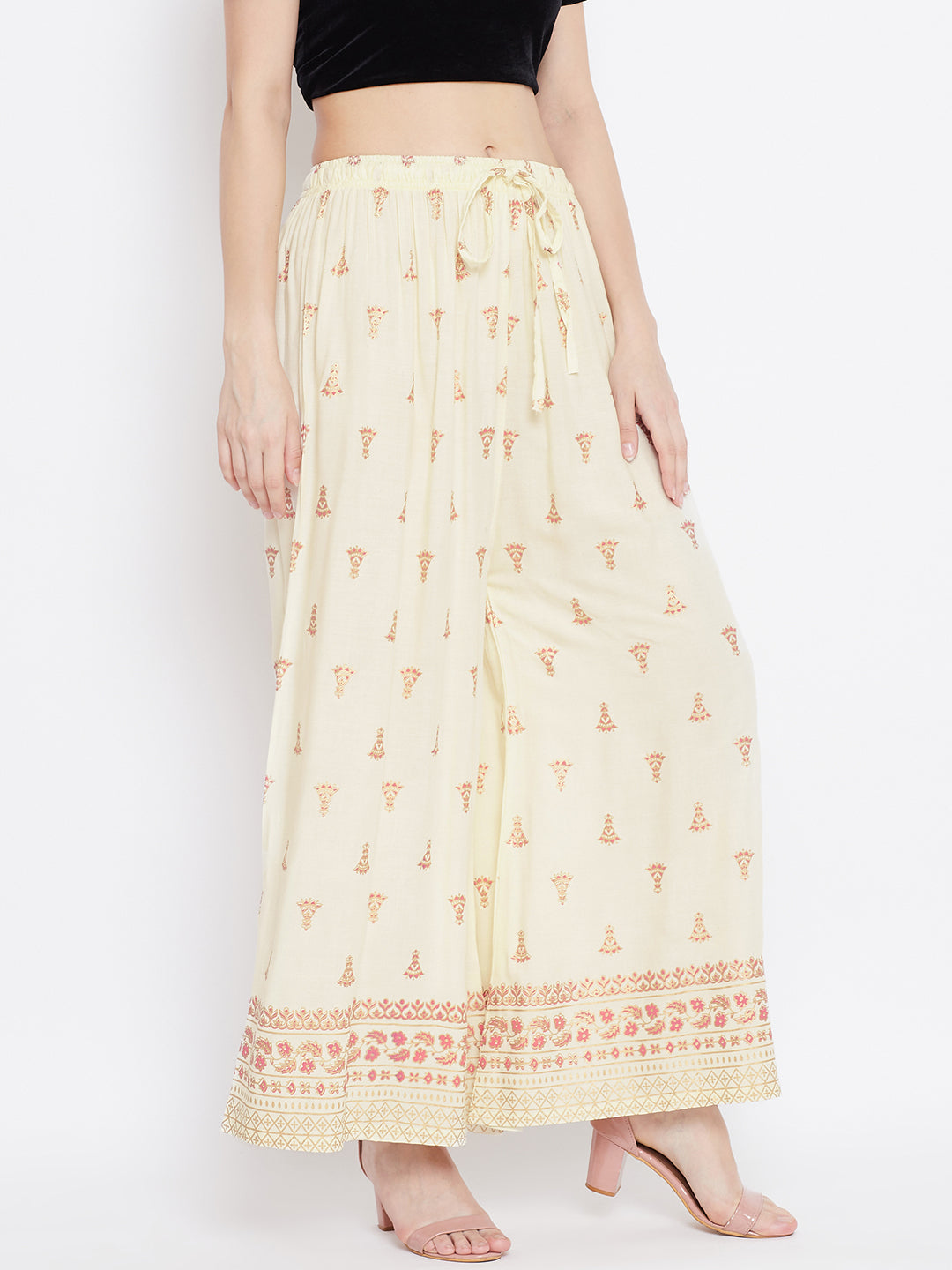 Wahe-NOOR Women's Cream Printed Flared Palazzo - Distacart