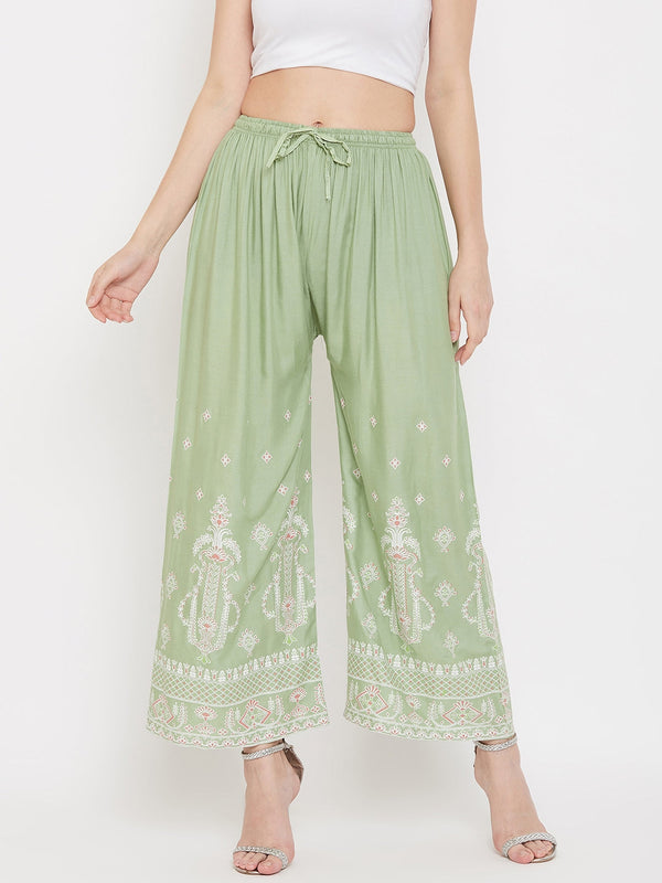 Wahe-NOOR Women's Pista Green Printed Rayon Palazzo - Distacart