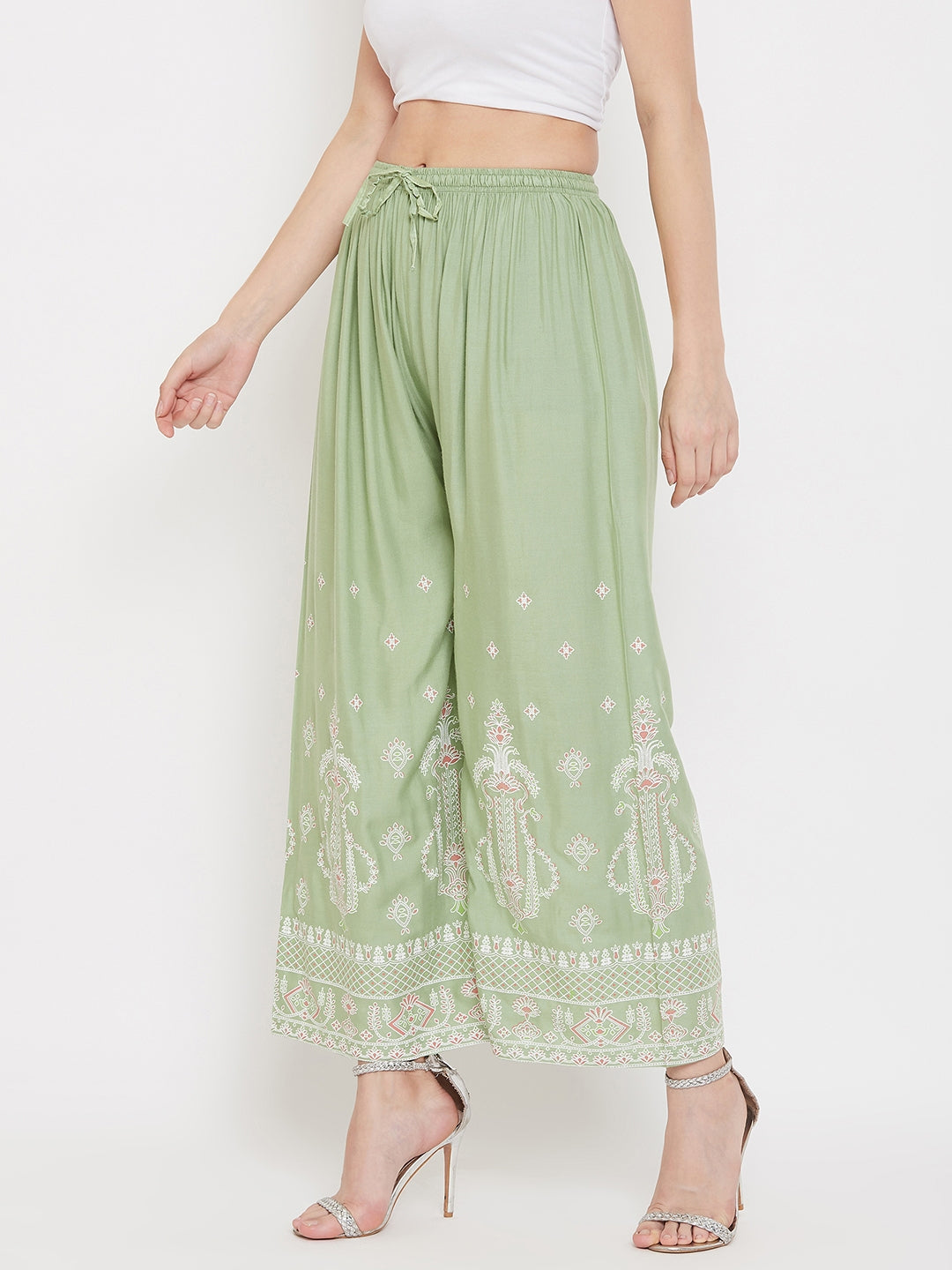 Wahe-NOOR Women's Pista Green Printed Rayon Palazzo - Distacart