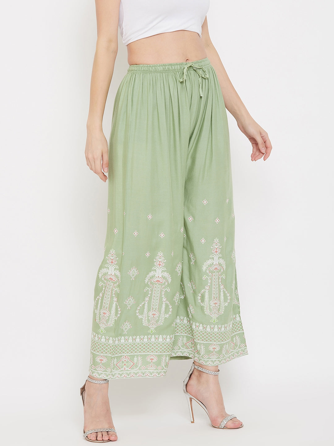 Wahe-NOOR Women's Pista Green Printed Rayon Palazzo - Distacart
