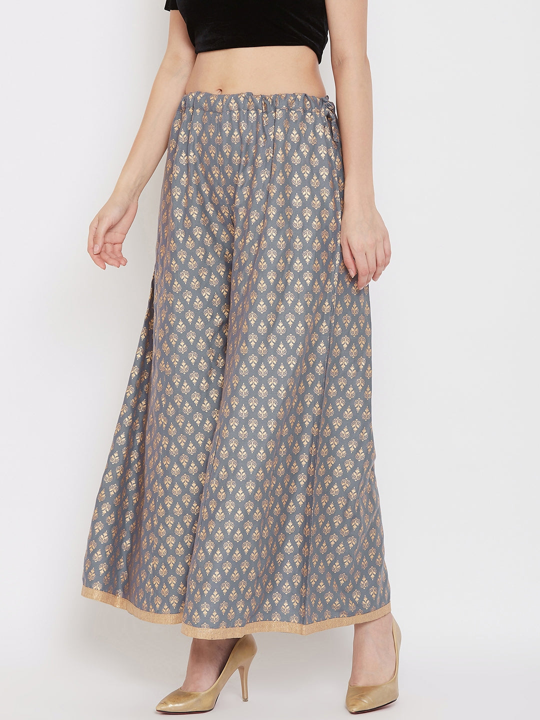 Wahe-NOOR Women's Grey Flared Printed Rayon Sharara - Distacart