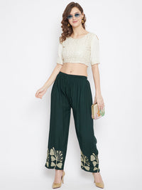 Thumbnail for Wahe-NOOR Women's Bottle Green Hem Design Straight Palazzo - Distacart