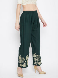 Thumbnail for Wahe-NOOR Women's Bottle Green Hem Design Straight Palazzo - Distacart