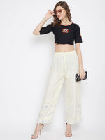 Thumbnail for Wahe-NOOR Women's Cream Straight Hem Design Palazzo - Distacart