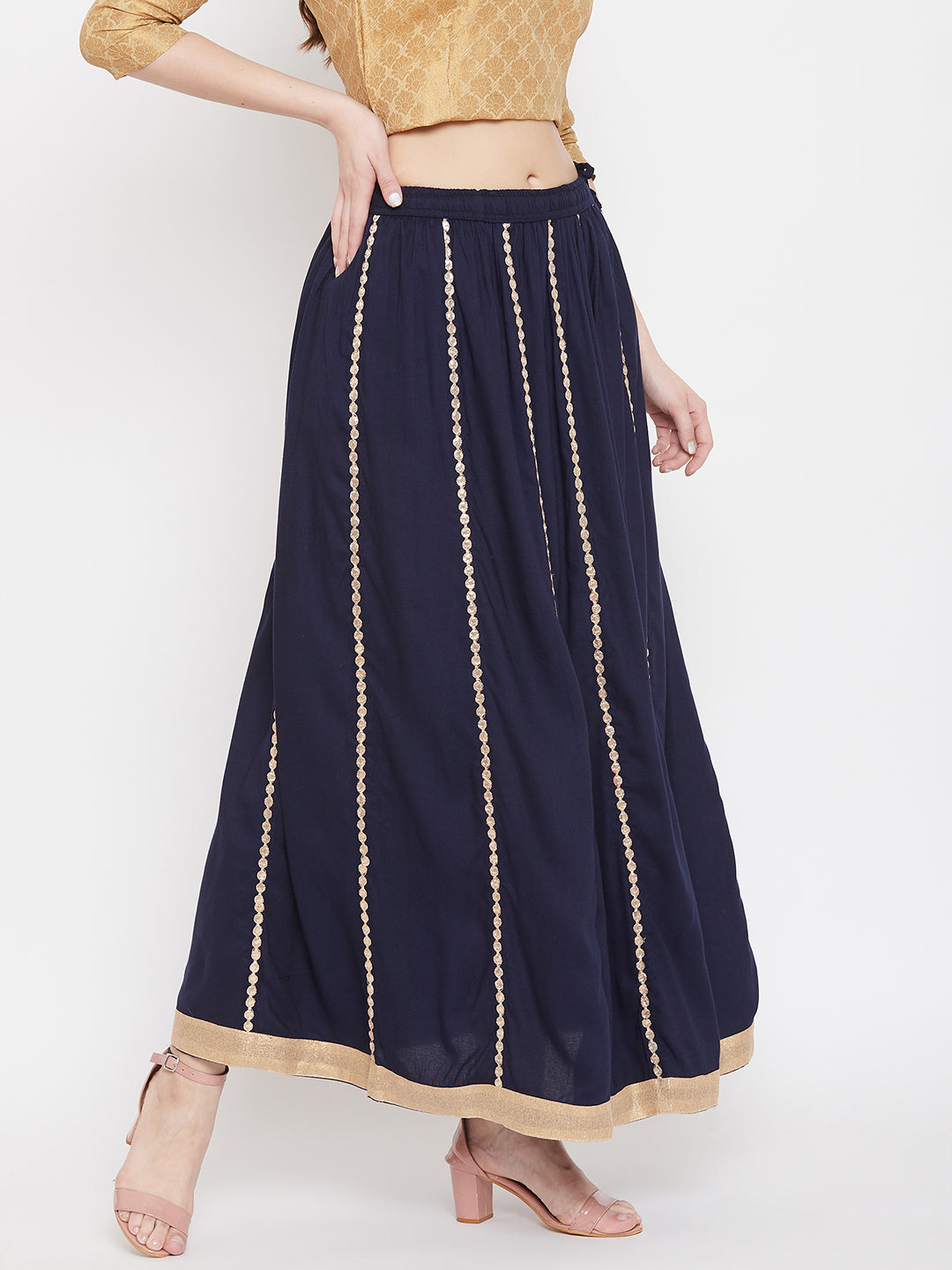 Wahe-NOOR Women's Navy Blue Gotta Patti Flared Skirt - Distacart