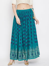 Thumbnail for Wahe-NOOR Women's Turquoise Flared Printed Skirt - Distacart