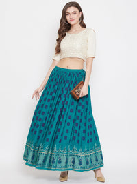 Thumbnail for Wahe-NOOR Women's Turquoise Flared Printed Skirt - Distacart
