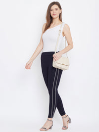 Thumbnail for Wahe-NOOR Women's Navy Blue Solid Striped Jeggings - Distacart