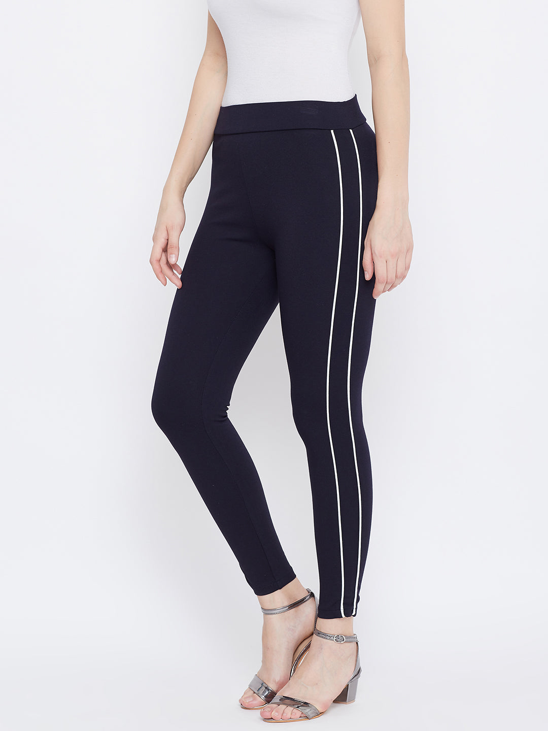 Wahe-NOOR Women's Navy Blue Solid Striped Jeggings - Distacart