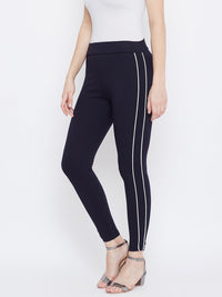 Thumbnail for Wahe-NOOR Women's Navy Blue Solid Striped Jeggings - Distacart