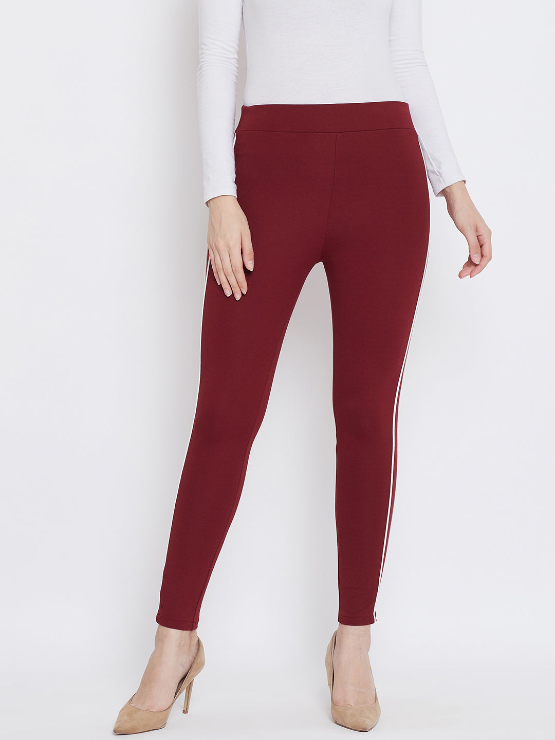 Wahe-NOOR Women's Maroon Solid Striped Jeggings - Distacart