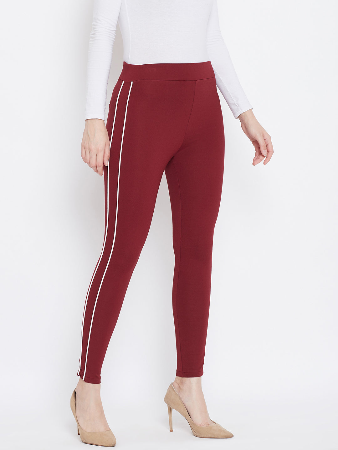 Wahe-NOOR Women's Maroon Solid Striped Jeggings - Distacart