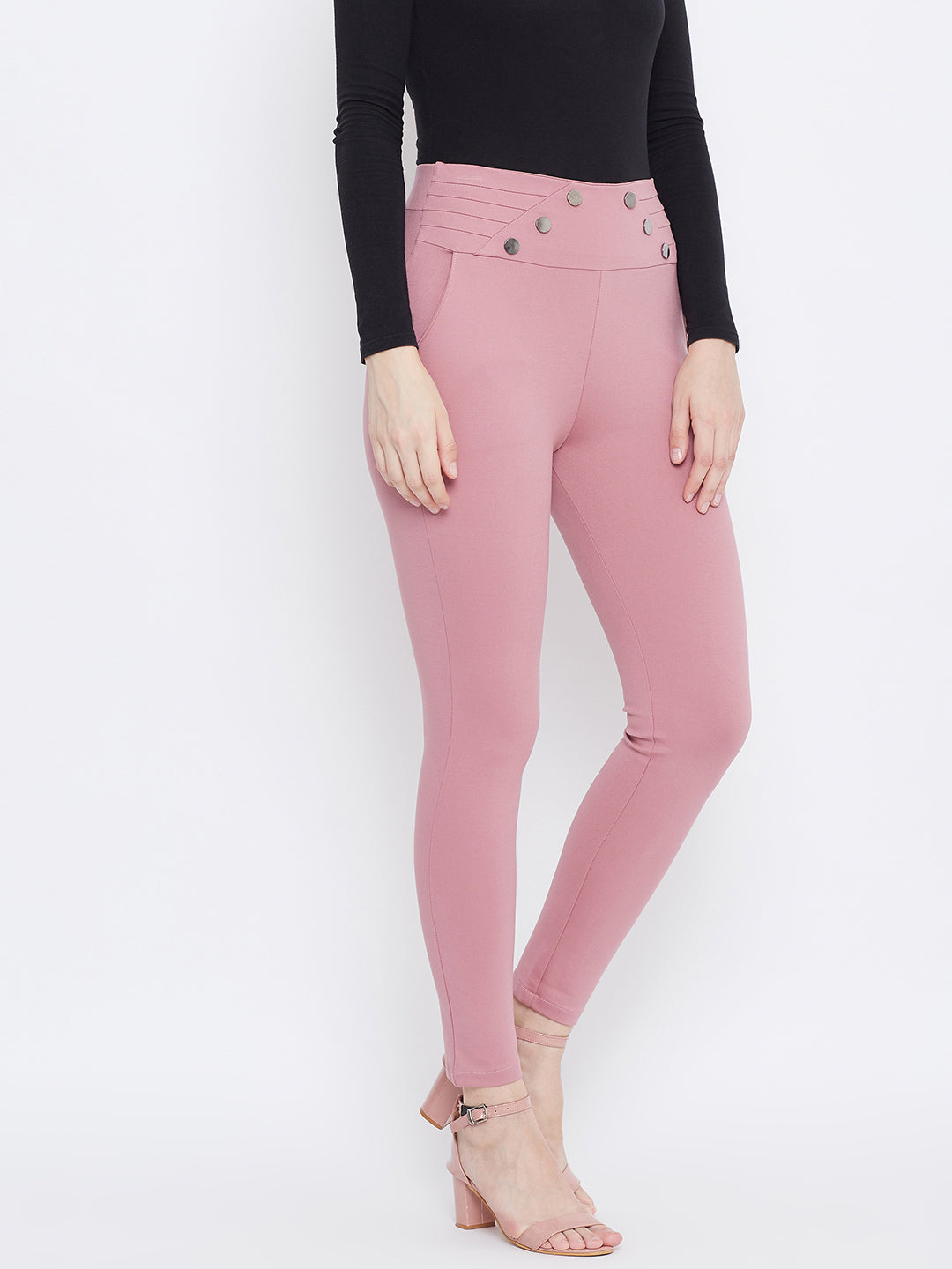 Buy Wahe-NOOR Women's Pink Solid Skinny Fit Jeggings Online at