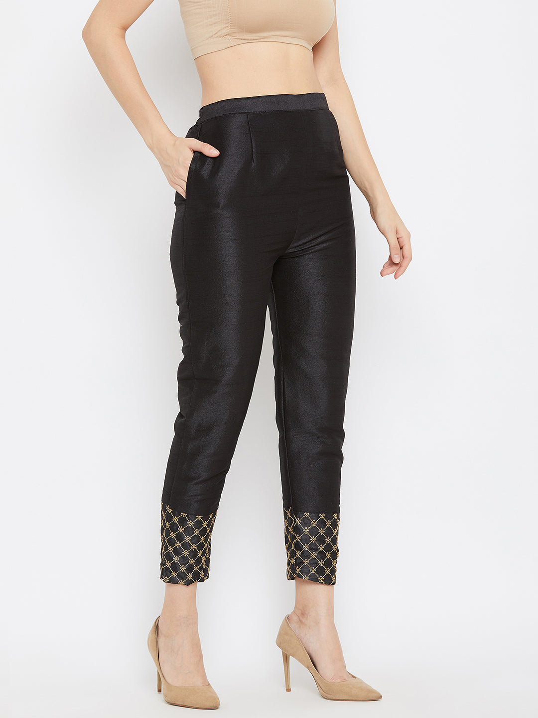 Wahe-NOOR Women's Black Hem Design Poly Silk Trouser - Distacart