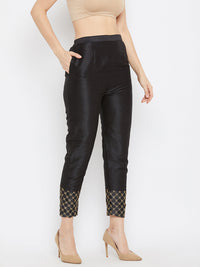 Thumbnail for Wahe-NOOR Women's Black Hem Design Poly Silk Trouser - Distacart