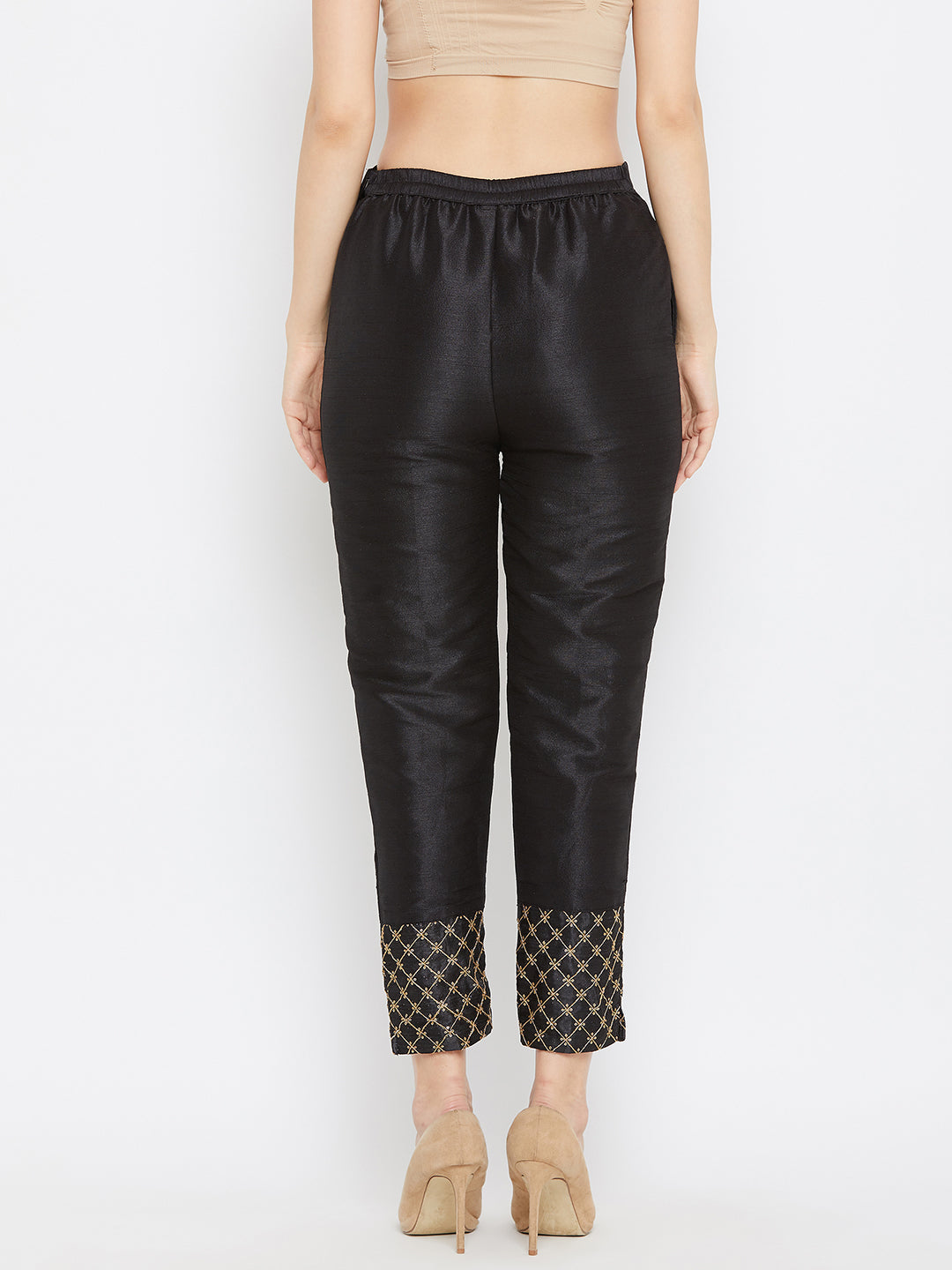 Wahe-NOOR Women's Black Hem Design Poly Silk Trouser - Distacart