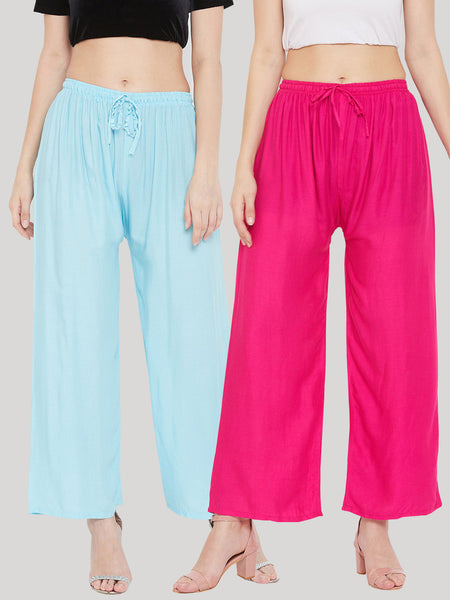 Wahe-NOOR Women's Solid Sky Blue & Magenta Rayon Palazzo (Set Of 2) - Distacart