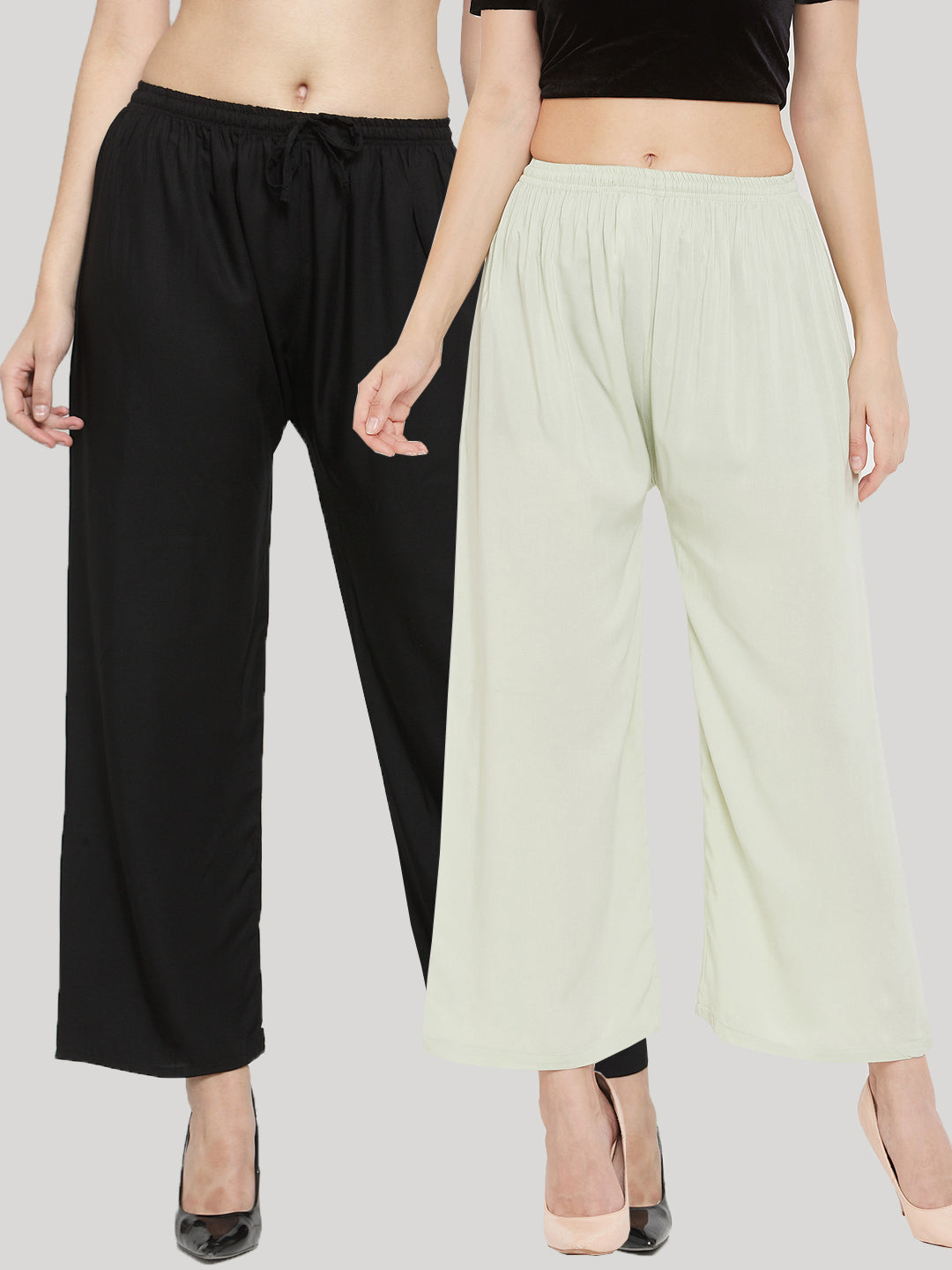 Wahe-NOOR Women's Solid Black & Pista Green Rayon Palazzo (Set Of 2) - Distacart