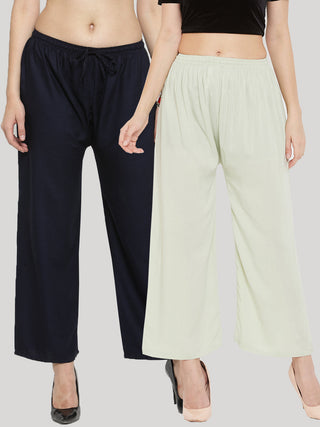 Wahe-NOOR Women's Solid Navy Blue & Pista Green Rayon Palazzo (Set Of 2) - Distacart
