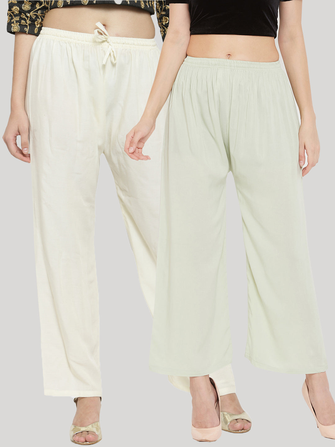 Wahe-NOOR Women's Solid Cream & Pista Green Rayon Palazzo (Set Of 2) - Distacart