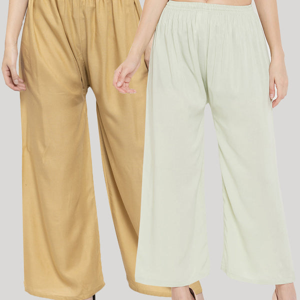 Wahe-NOOR Women's Solid Fawn & Pista Green Rayon Palazzo (Set Of 2) - Distacart