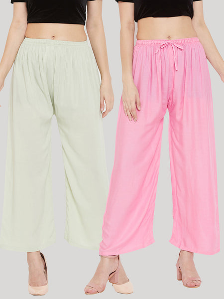 Wahe-NOOR Women's Solid Pista Green & Pink Rayon Palazzo (Set Of 2) - Distacart
