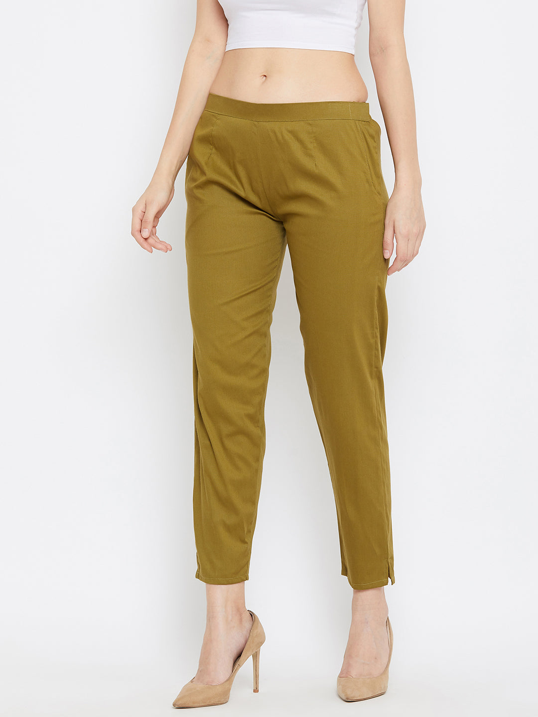 Wahe-NOOR Women's Mehandi Regular Fit Solid Pants - Distacart