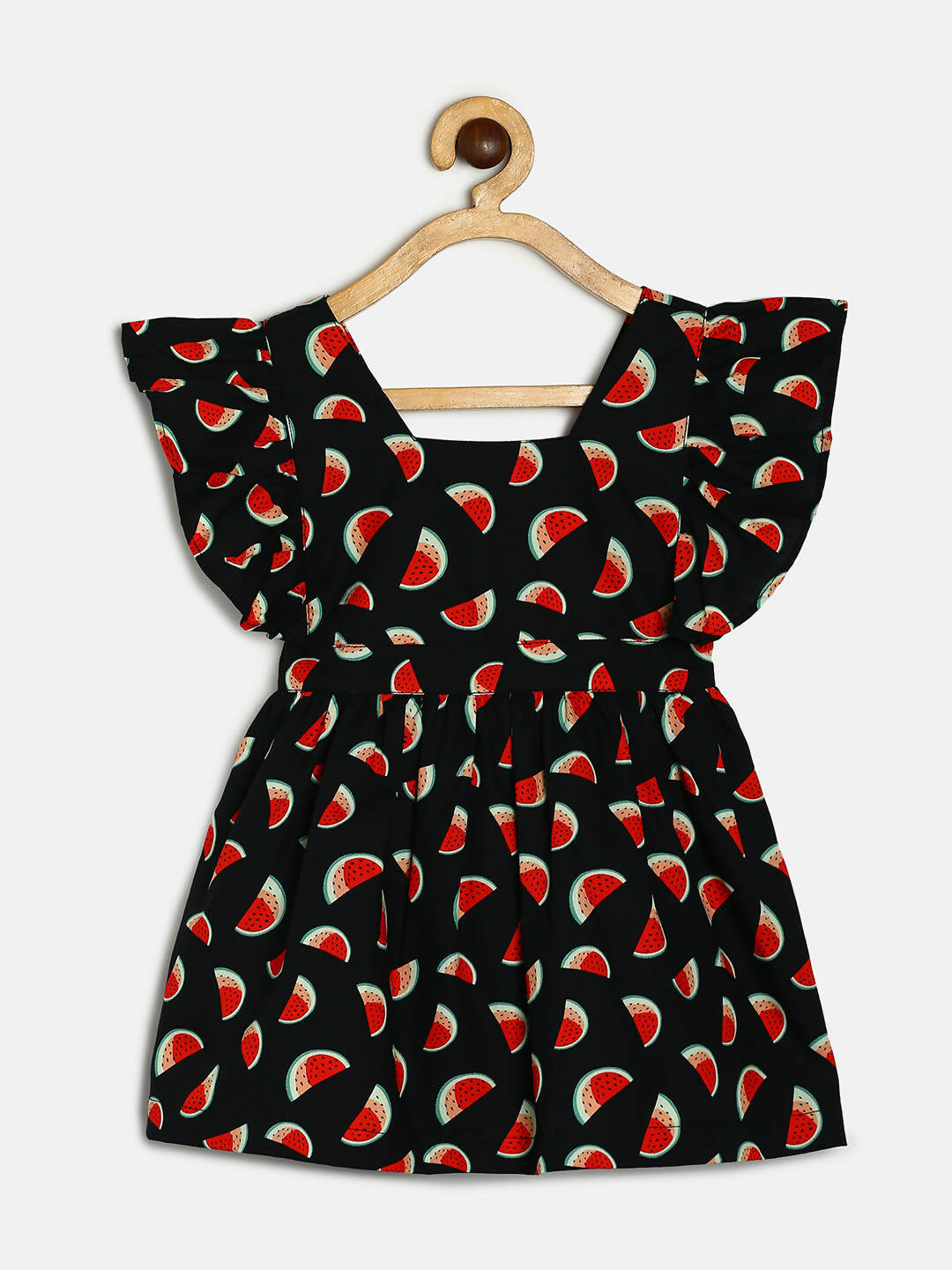 Manet Girls Cotton V Neck Frill Frock Watermelon Printed - Black - Distacart