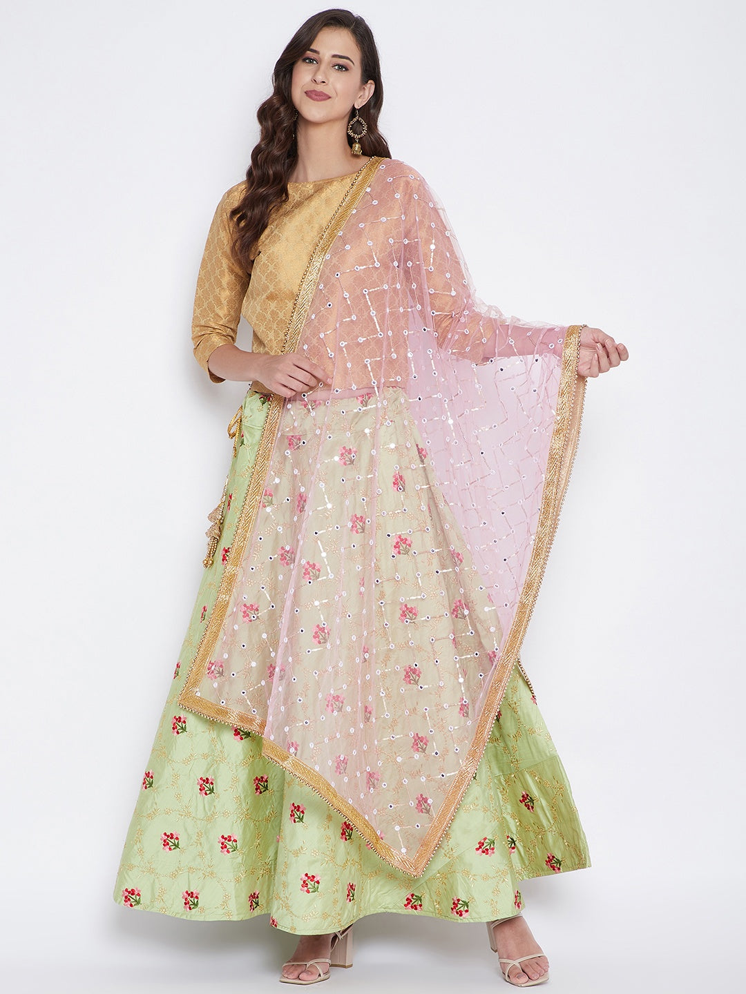 Wahe-NOOR Women's Pink Mirror Work Net Dupatta - Distacart