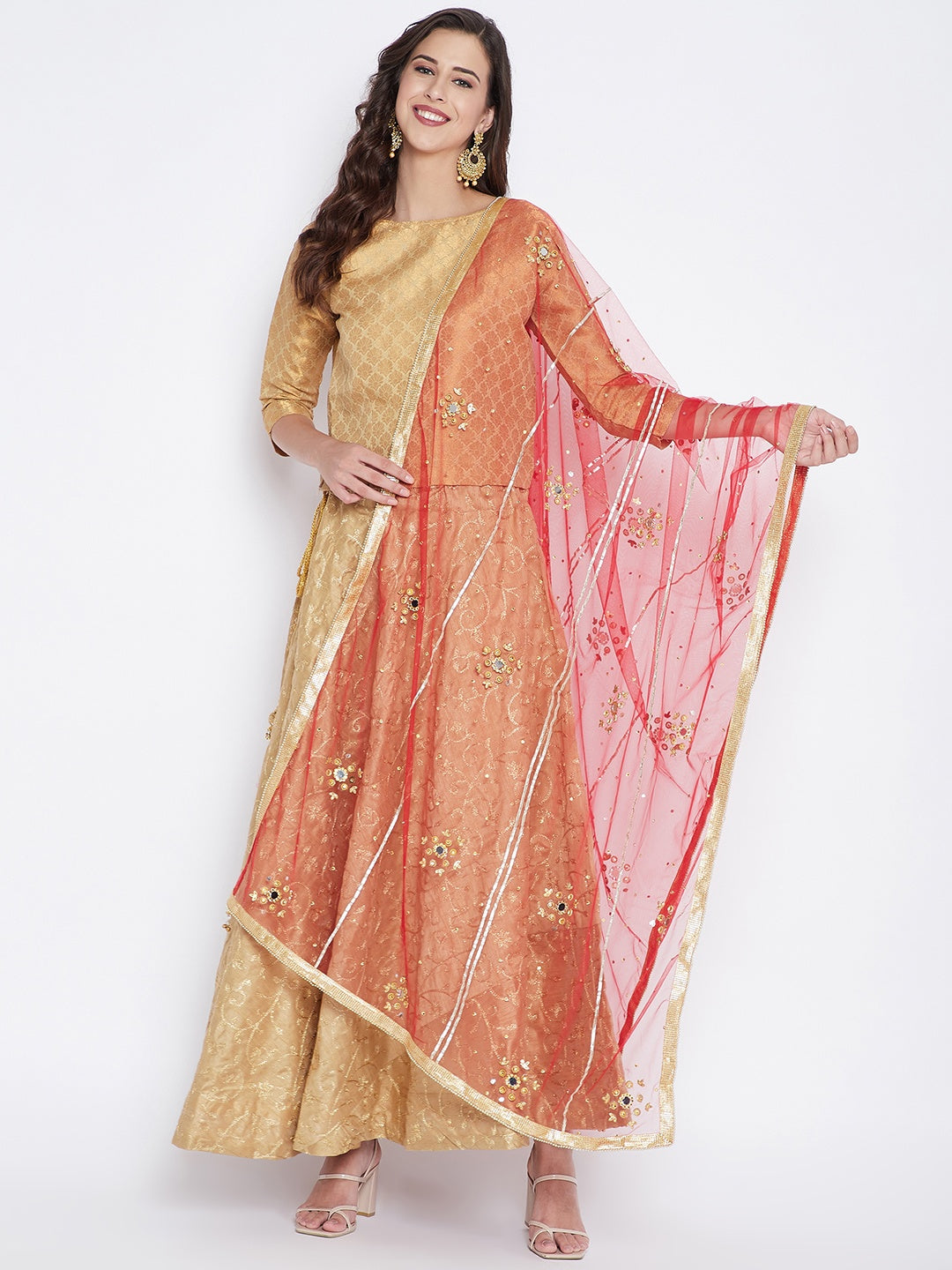 Wahe-NOOR Women's Red Mirror Work Net Dupatta - Distacart