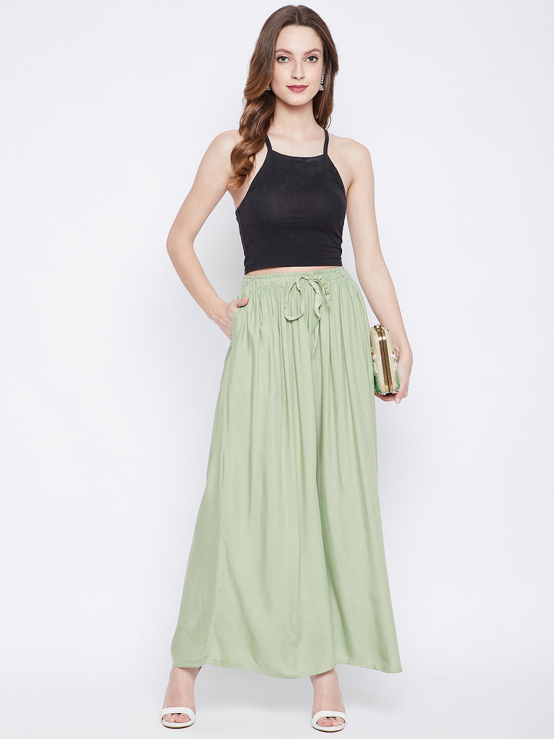 Wahe-NOOR Women's Pista Green Solid Rayon Sharara - Distacart