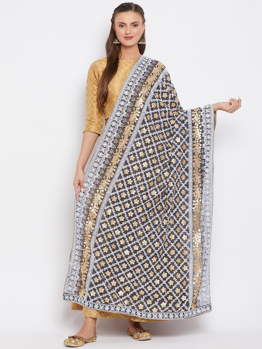 Wahe-NOOR Women's Dark Grey Georgette Heavy Embroidered Dupatta - Distacart