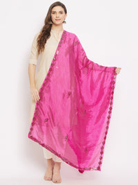 Thumbnail for Wahe-NOOR Women's Magenta Mirror Work Poly Silk Dupatta - Distacart