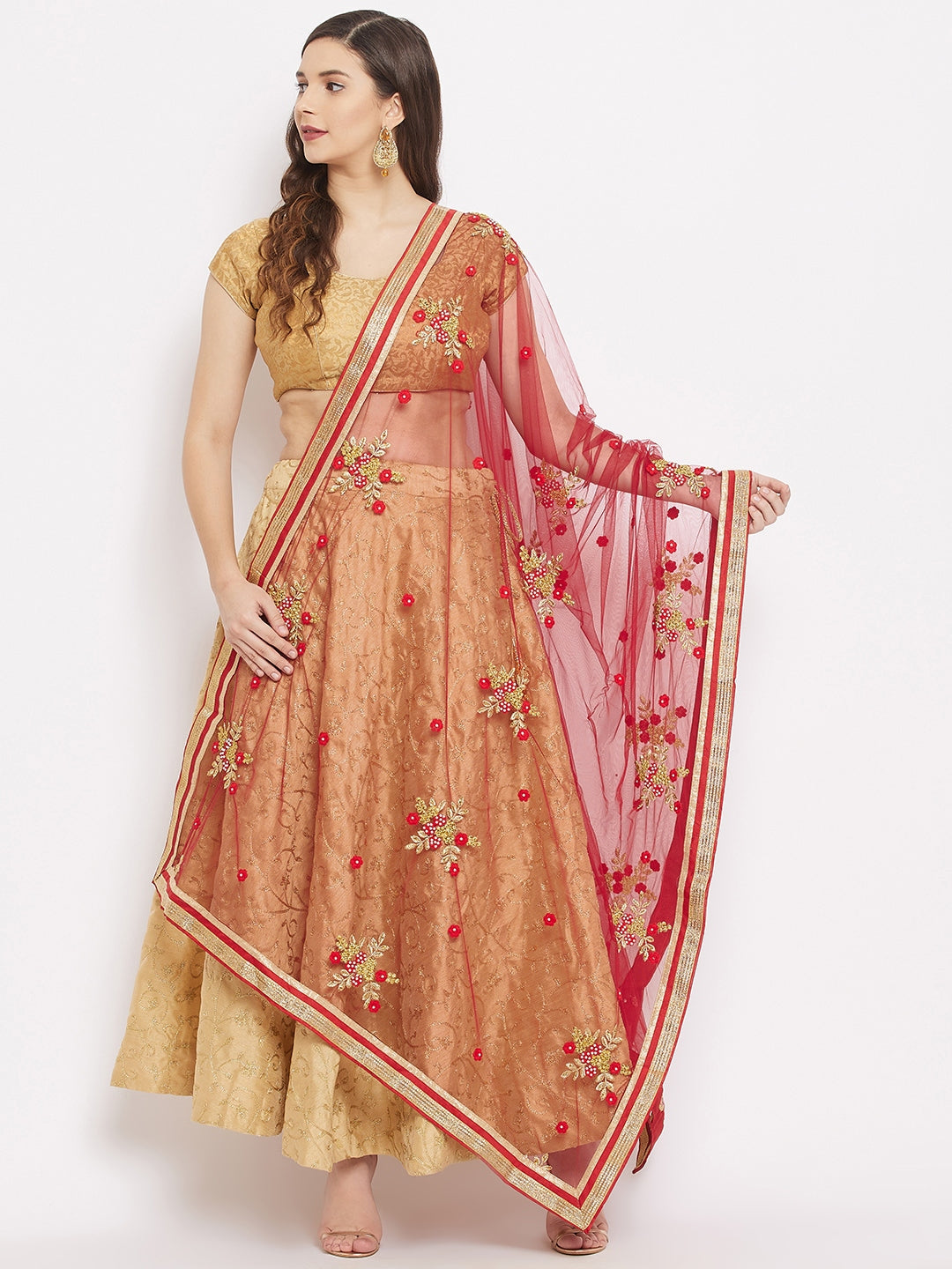 Wahe-NOOR Women's Maroon Embroidered Net Dupatta - Distacart