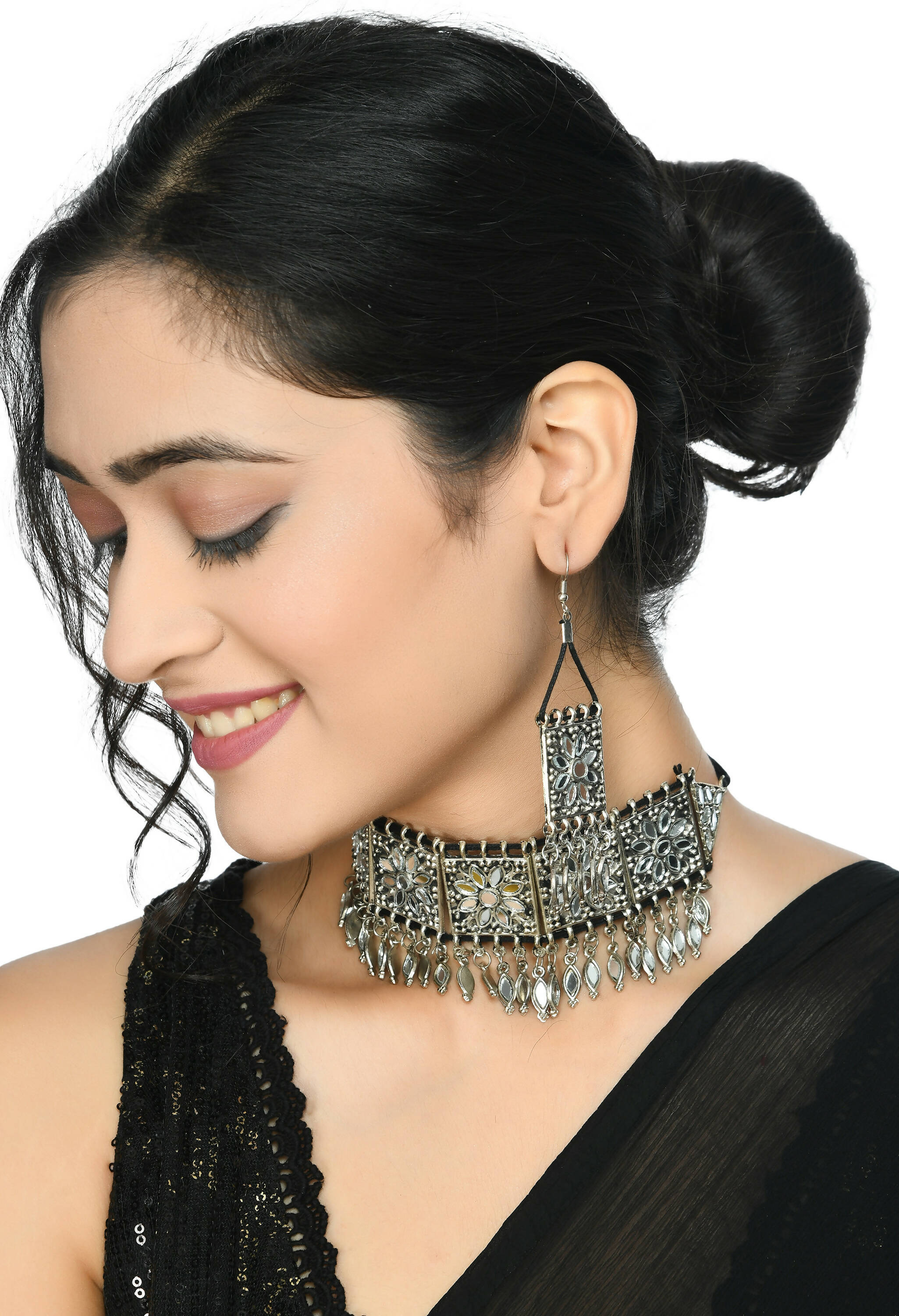 Mominos Fashion Johar Kamal Women Silver-Plated Brass Finish Mirror Work Choker - Distacart