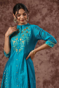Thumbnail for Juniper Women Teal Chanderi Silk Embroidered & Printed Anarkali Kurta - Distacart