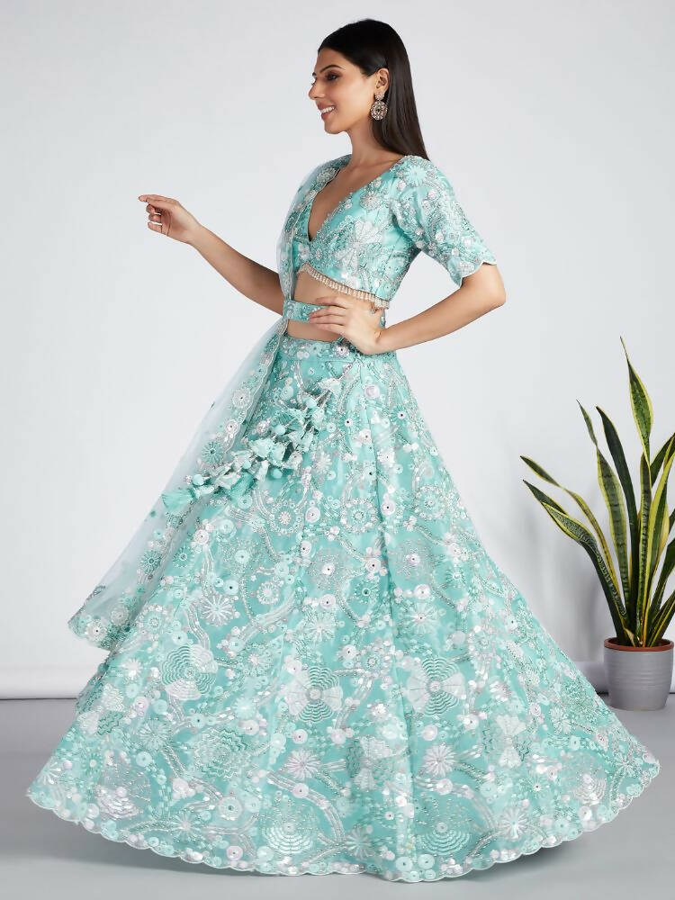 House of Panchhi Turquoise Blue Organza Sequins, Zarkan And Thread Embroidery Lehenga Choli & Dupatta - Distacart