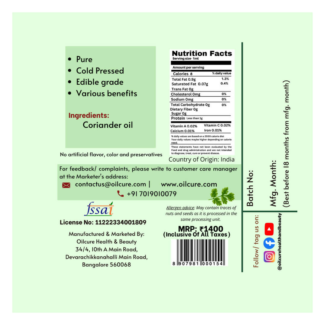 Oilcure Coriander Seed Oil Cold Pressed - Distacart