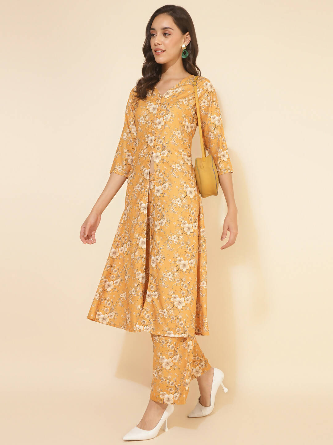 Janasya Women's Mustard Moss Floral Printed Casual Front Slit Co-ords - Distacart