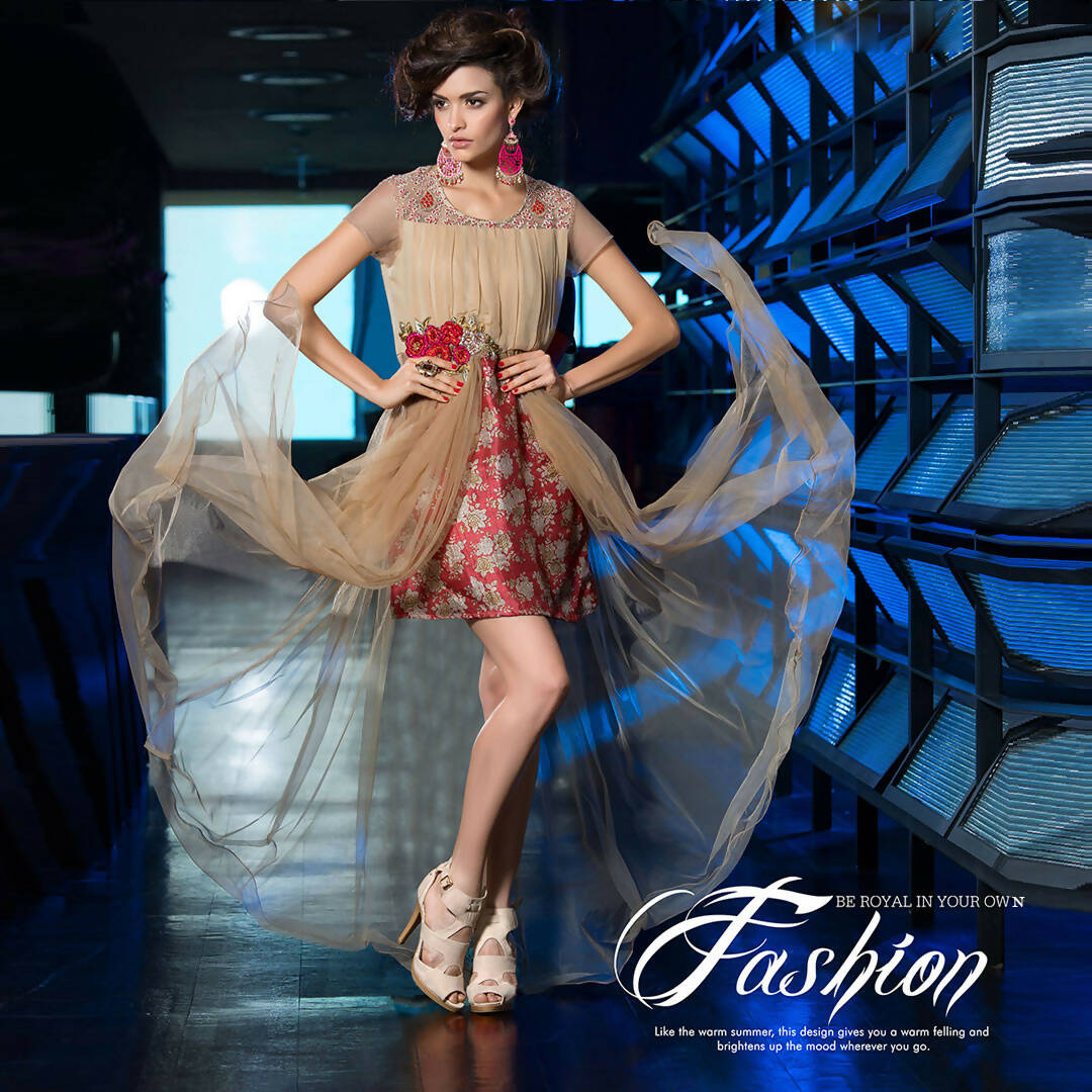 Beige Net Floral Embroidered A-line Kurti - Missy - Distacart